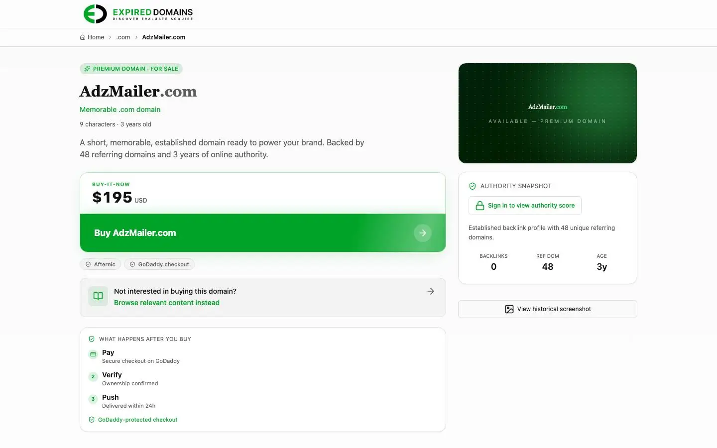 Screenshot of adzmailer.com for sale memorable .com domain (adzmailer.com)