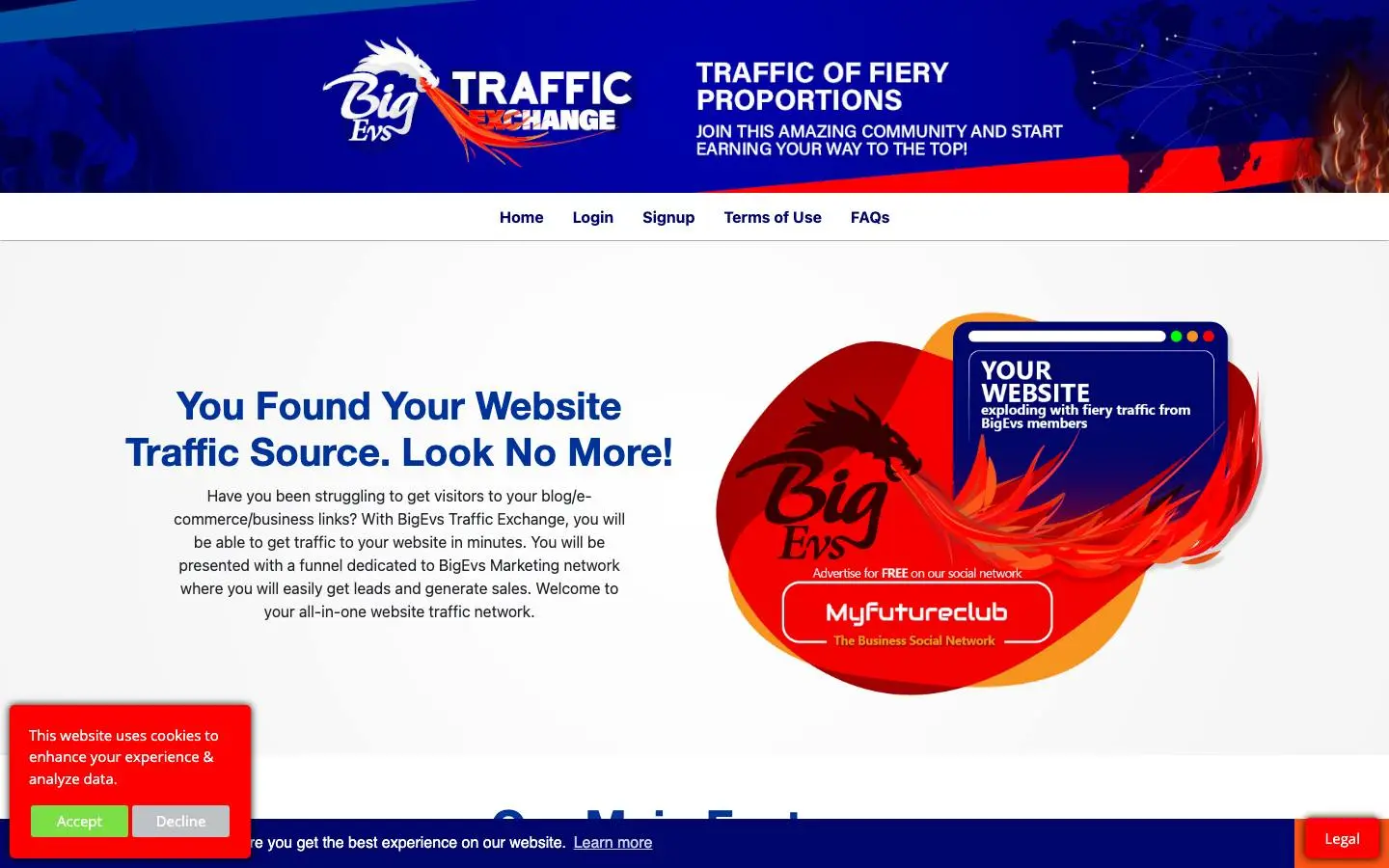 Screenshot of Bigevs Traffic Exchange (bigevstrafficexchange.com)