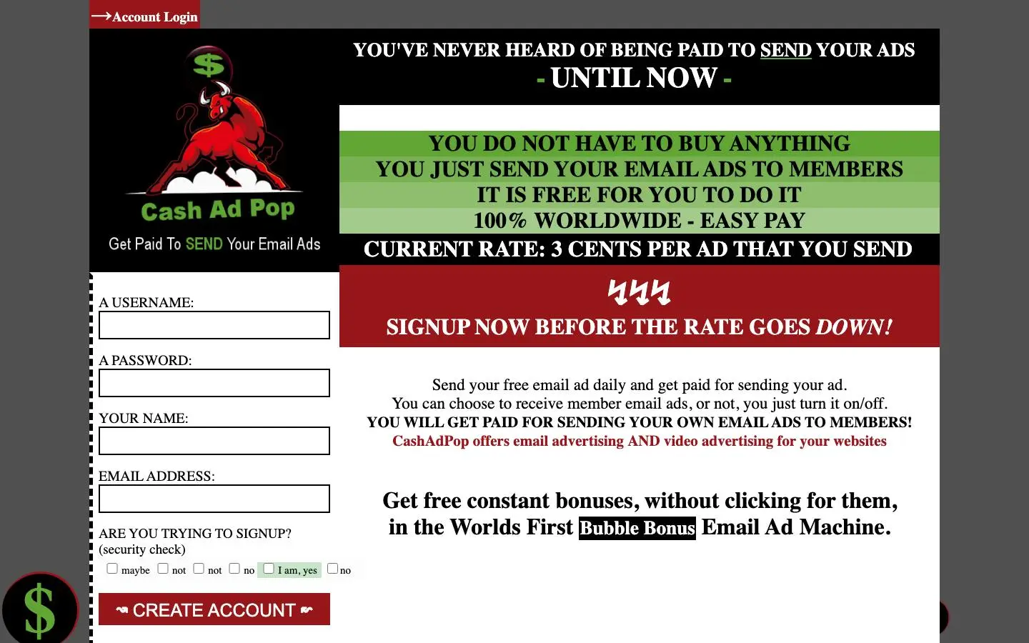Screenshot of CashAdPop (cashadpop.com)