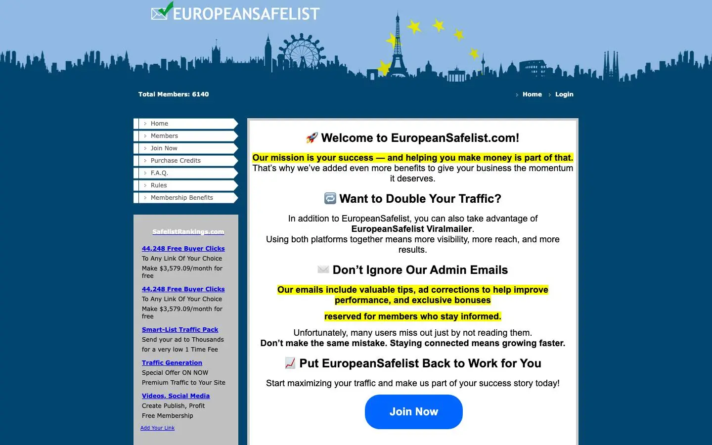 Screenshot of EuropeanSafelist.com Free Safelist Marketing (europeansafelist.com)