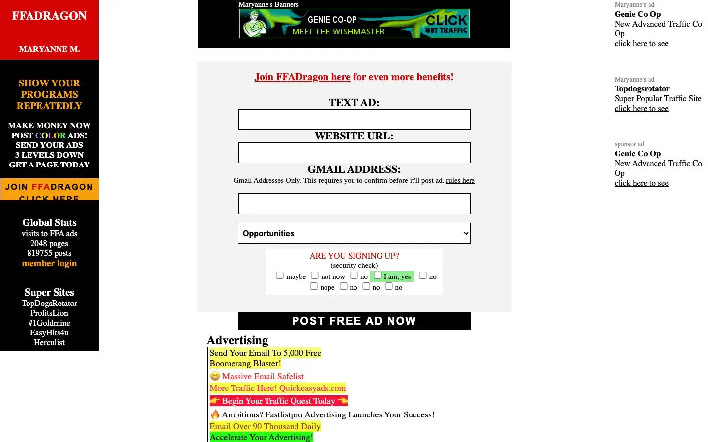 Screenshot of FFADragon Free For All Advertising (ffadragon.com)