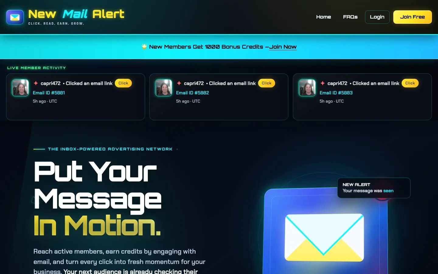 Screenshot of New Mail Alert Free Credits, Hot Promos, Faster Results (newmailalert.com)