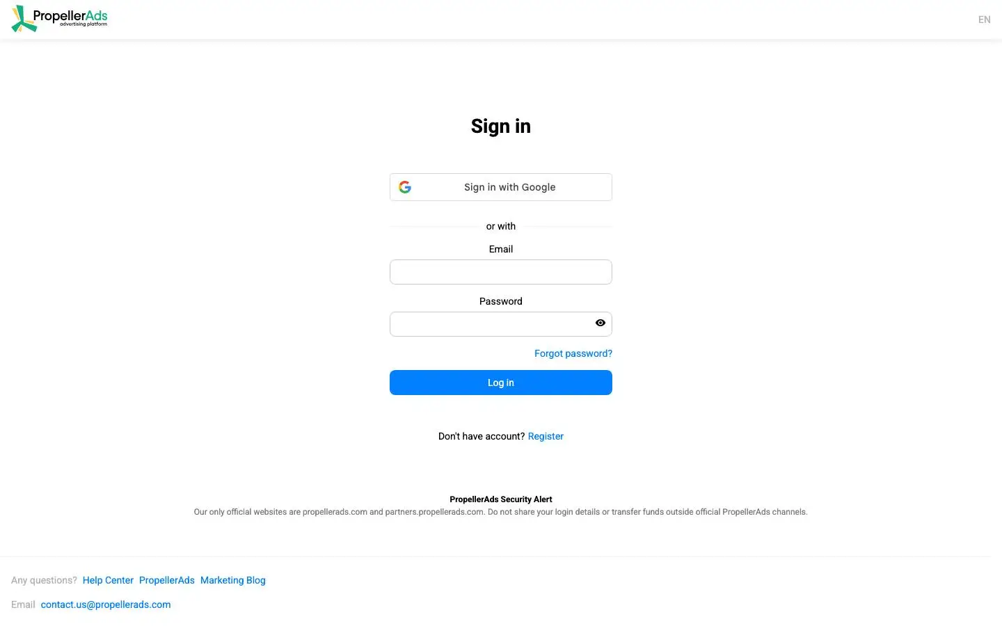 Screenshot of Log In (partners.propellerads.com)
