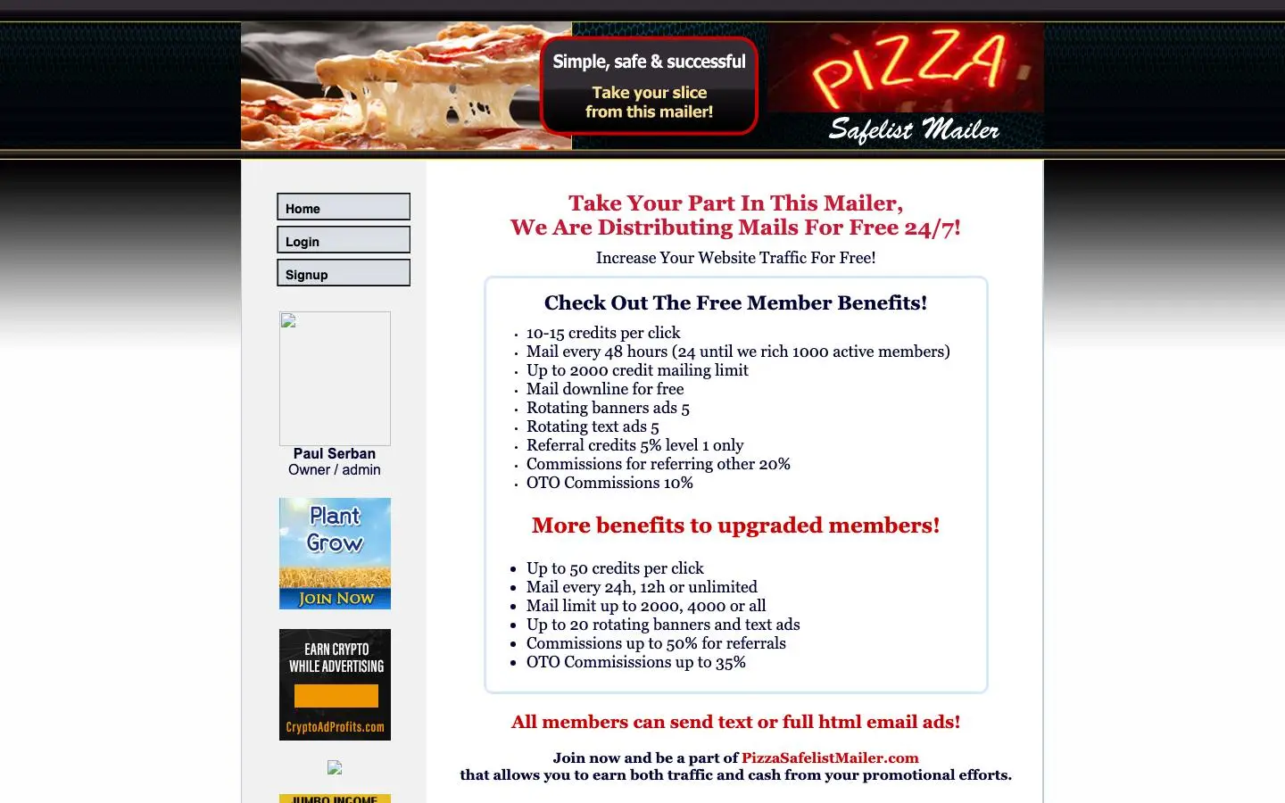 Screenshot of PizzaSafelistMailer (pizzasafelistmailer.com)
