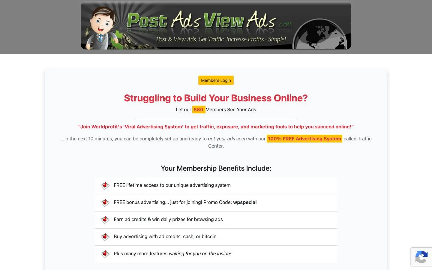 Screenshot of Post Ads View Ads Free Traffic Exchange (postadsviewads.com)
