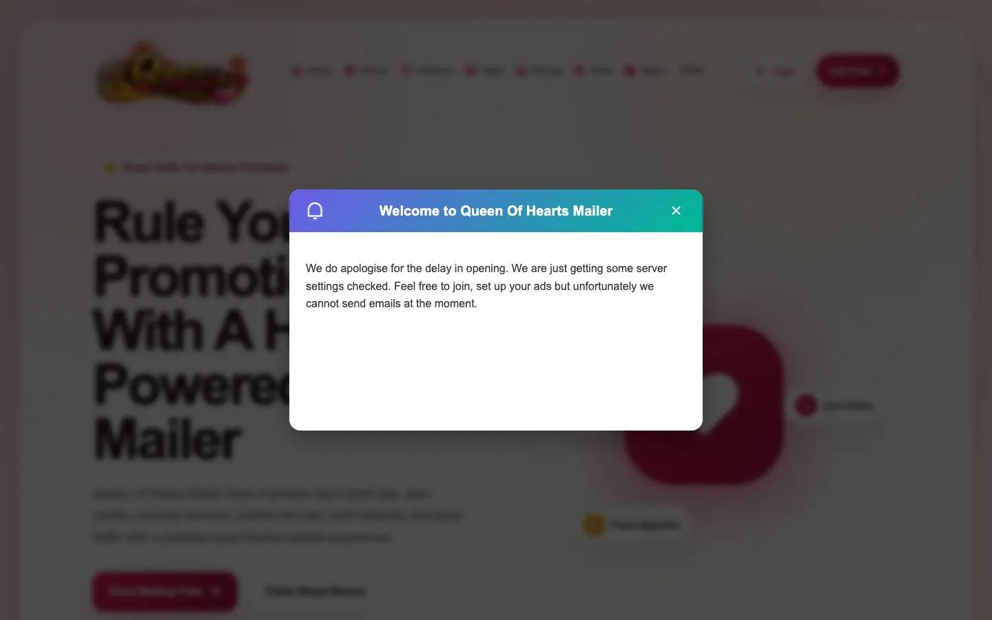 Screenshot of Queen Of Hearts Mailer (queenofheartsmailer.com)