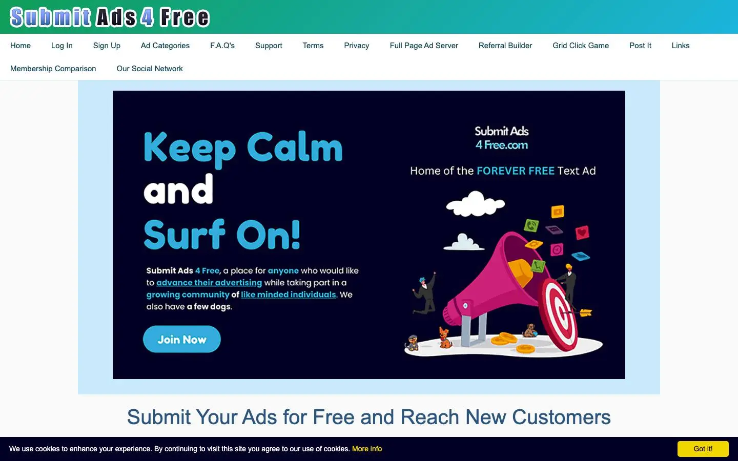 Screenshot of Submit Ads for Free (submitads4free.com)