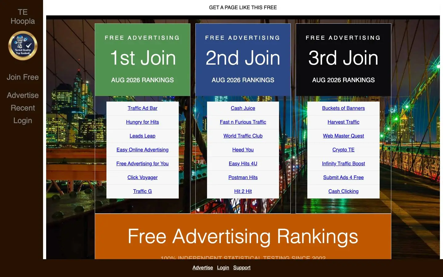 Screenshot of Free Advertising Rankings (tehoopla.com)