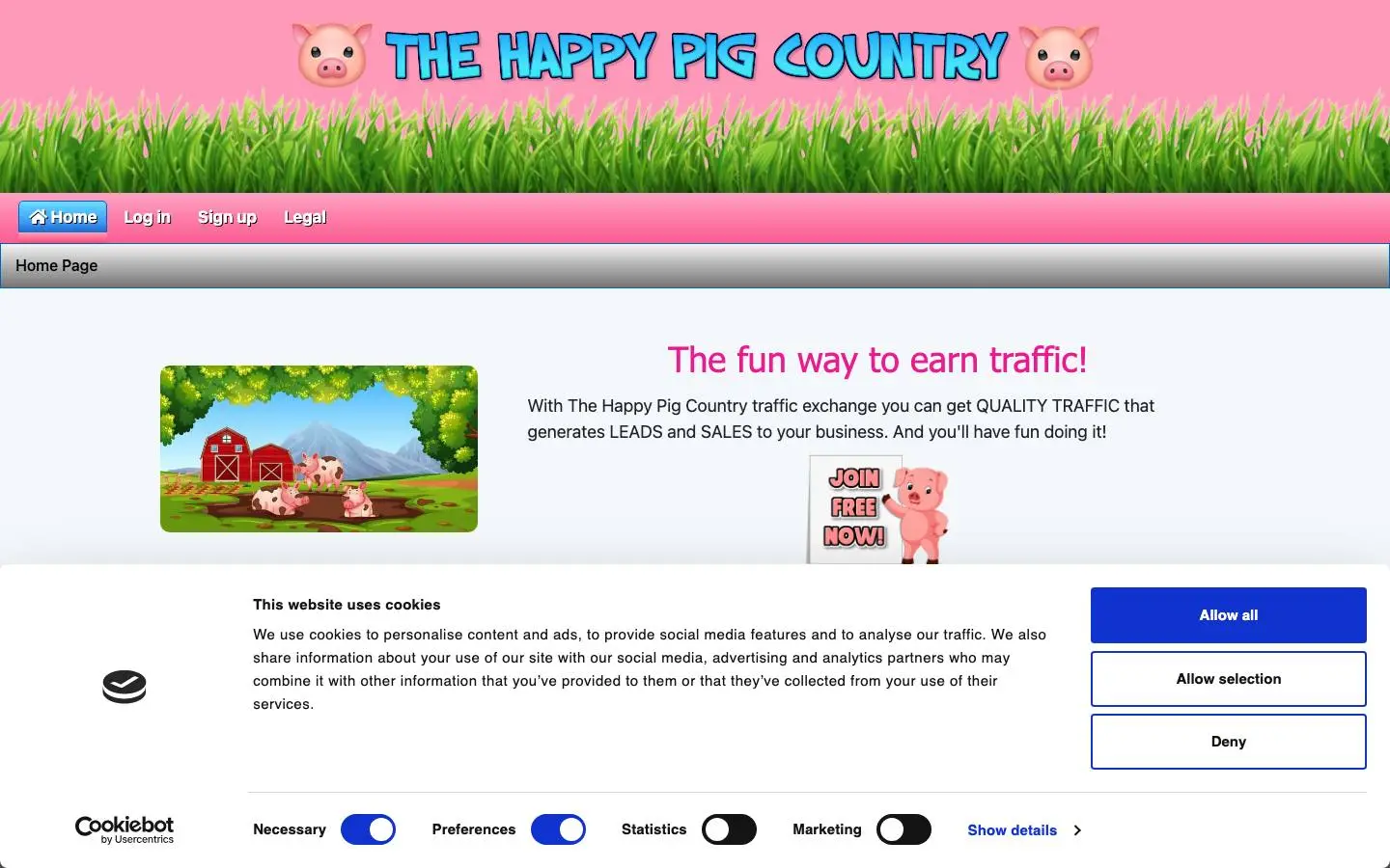 Screenshot of The Happy Pig Country manual traffic exchange (thehappypigcountry.com)