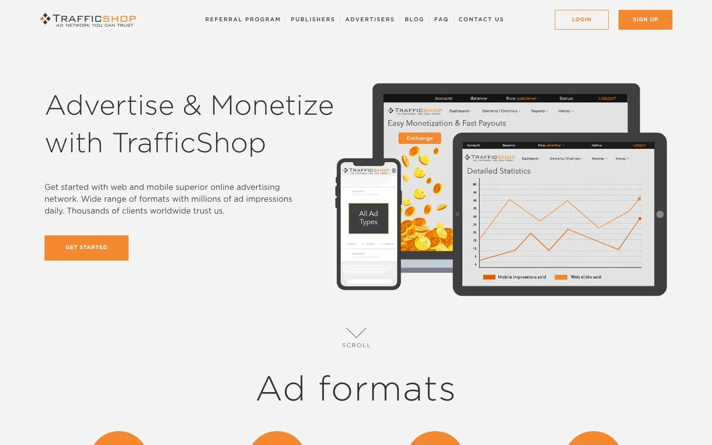 Screenshot of Advertise & Monetize with TrafficShop (trafficshop.com)