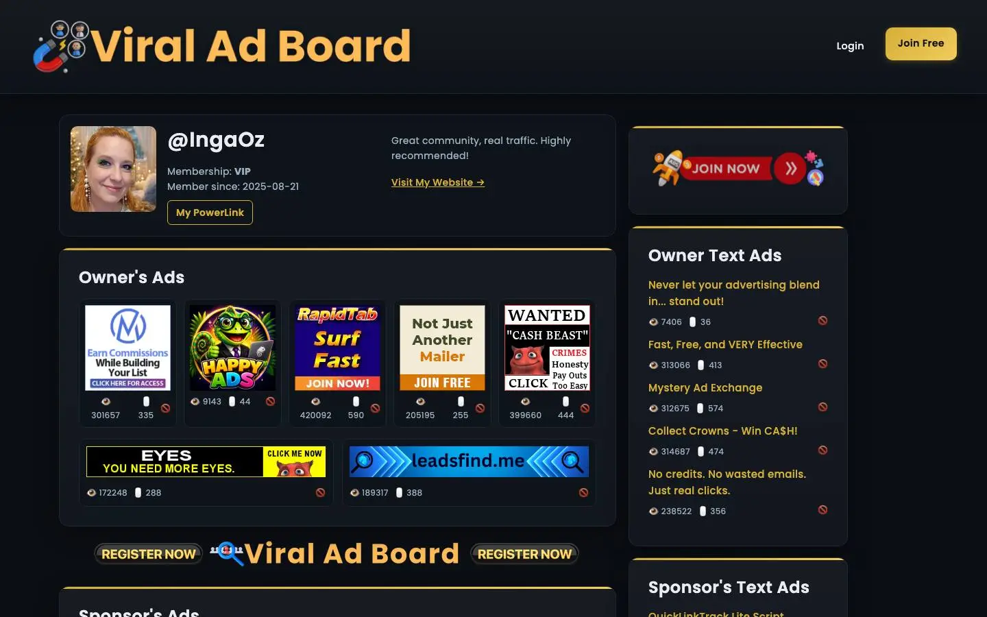 Screenshot of Viral AD Board (viraladboard.com)